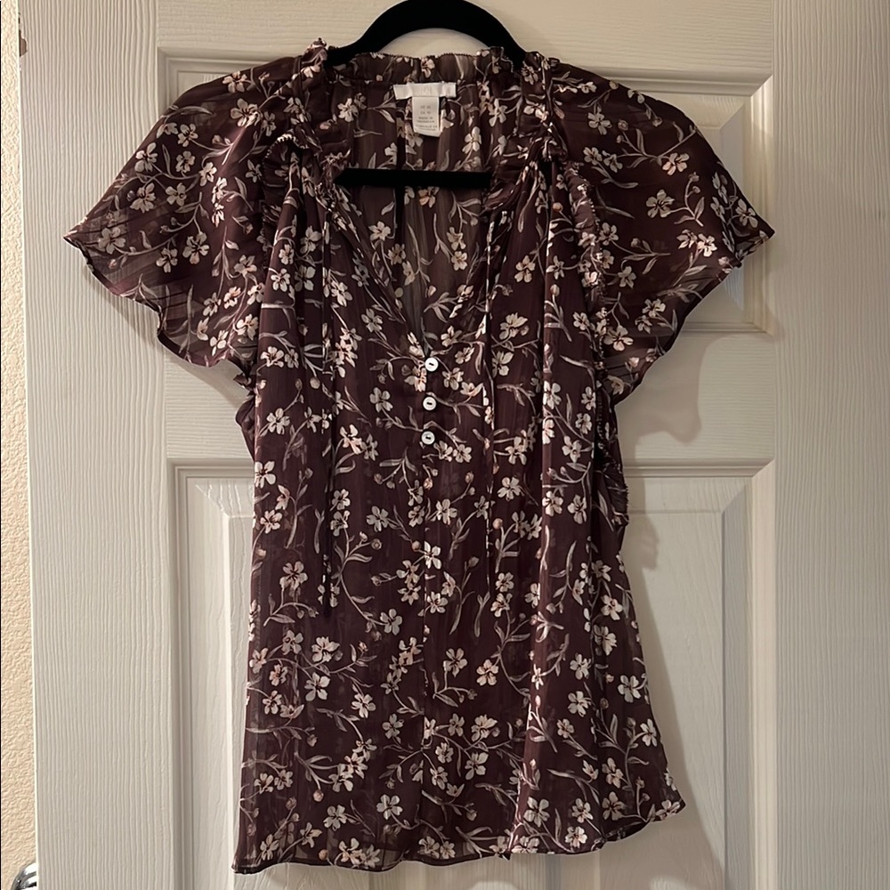 H&M Brown Floral Ruffled V-Neck Blouse Size 10